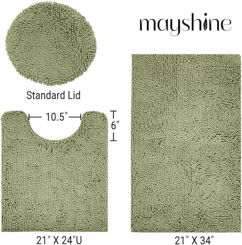 Standard 3pc Set Chenille Bath Mats, Includes 21"x24" U-Shaped Contour Toilet Rug, 21"x34" Inches Bathmat and 1 Toilet Lid Cover, Plush Absorbent Bath Mats Quick Dry, Sage Green