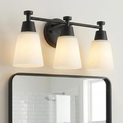 3 Light Bathroom Vanity Light, Modern Matte Black Stainless Steel Over Mirror Vanity Light Fixture with Frosted Glass, Wall Sconces Lighting for Bedroom Living Room