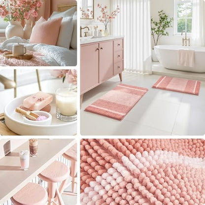 HOMEIDEAS Pink Bathroom Rugs Set of 2, Striped Chenille, 20"x32"+17"x24"