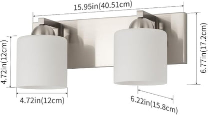 mirrea 2-Light Brushed Nickel Bathroom Vanity Light with White Glass Shades | Over Mirror,Wall Sconce,ETL listed,Bathroom Lighting Fixtures,Elegant Design,Milk White Glass Shade,Easy Installation