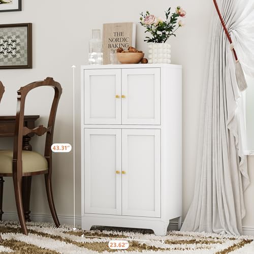 YAUWOH White Bathroom Floor Cabinet, Metal Storage Cabinet with 2 Adjustable Shelves & 4 Doors,Freestanding Sideboard for Dining Room,Living Room, Home Office