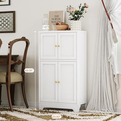 YAUWOH White Bathroom Floor Cabinet, Metal Storage Cabinet with 2 Adjustable Shelves & 4 Doors,Freestanding Sideboard for Dining Room,Living Room, Home Office
