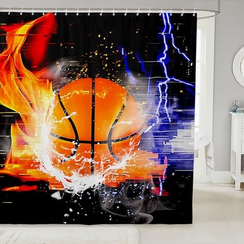 jejeloiu Basketball Bath Curtain Boys Girls 72"x72" Ice Fire Shower Curtain for Kids Women Men Waterproof Gaming Sports Bathroom Shower Curtain Set Gift for Basketball Lover