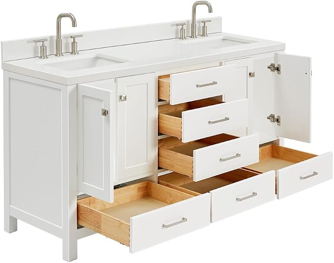 Beckford 66" White Double Bathroom Vanity, 1.5" Edge Pure White Quartz Countertop, 2 Rectangular Undermount Sinks, 4 Soft Closing Doors, 6 Dovetail Drawers