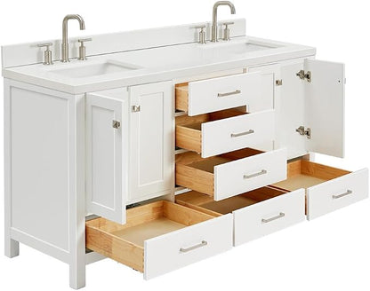 Beckford 66" White Double Bathroom Vanity, 1.5" Edge Pure White Quartz Countertop, 2 Rectangular Undermount Sinks, 4 Soft Closing Doors, 6 Dovetail Drawers