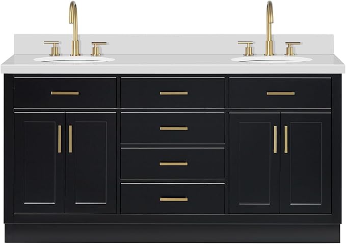 ARIEL Hepburn 66-inch Bathroom Vanity with Sink,Solid Wood, 1.5-inch Pure White Quartz Countertop & Backsplash, Double Oval Porcelain Sink, 4 Soft Closing Doors, 6 Dovetail Drawers, Black