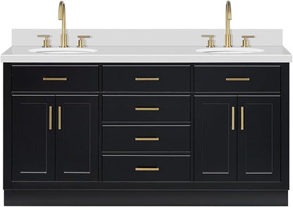 ARIEL Hepburn 66-inch Bathroom Vanity with Sink,Solid Wood, 1.5-inch Pure White Quartz Countertop & Backsplash, Double Oval Porcelain Sink, 4 Soft Closing Doors, 6 Dovetail Drawers, Black