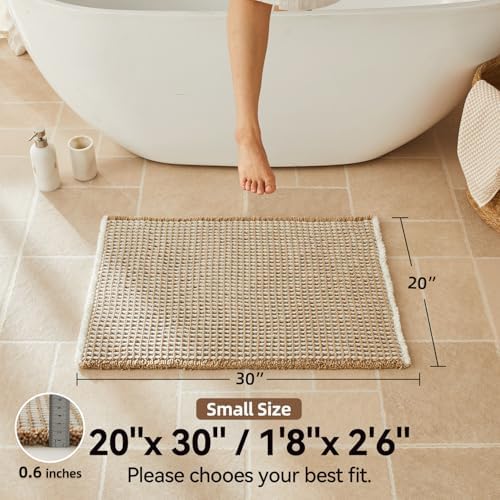 Triohero Waffle Bath Mat, Boho Bathroom Rugs Non Slip, 20x30 Khaki & White