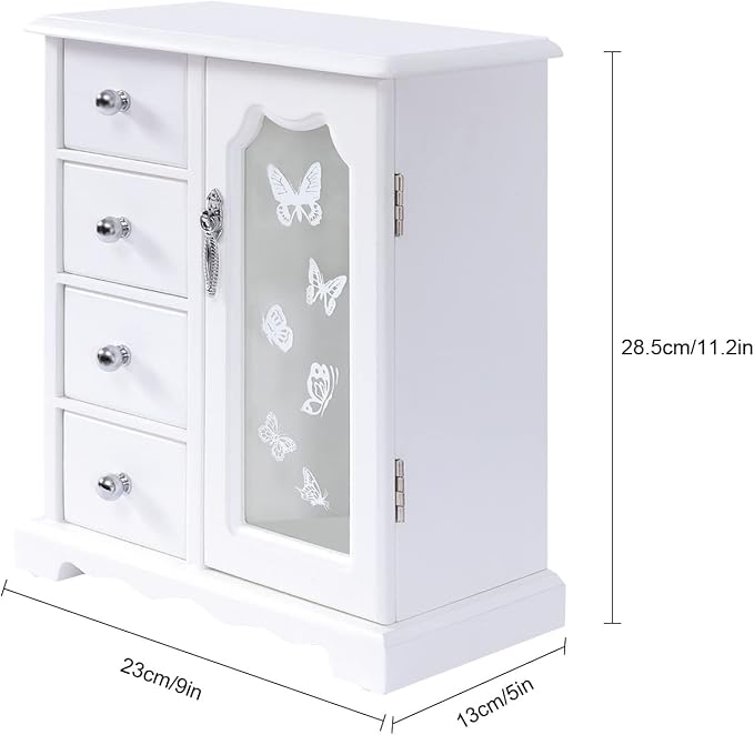 Vintage Wood Jewelry Box with 4 Drawers, Desktop Jewelry Organizer with Glass Door & Mirror, Necklace Ring Storage Display Case Built-in Necklace Carousel (White, Butterfly, 4 Drawers)