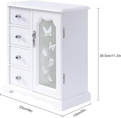Vintage Wood Jewelry Box with 4 Drawers, Desktop Jewelry Organizer with Glass Door & Mirror, Necklace Ring Storage Display Case Built-in Necklace Carousel (White, Butterfly, 4 Drawers)