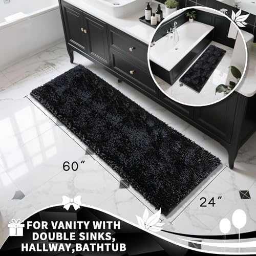 Yimobra Long Bathroom Rugs Runner 60x24 Inch, Extra Thick Soft Absorbent Chenille Bath Mat, Non Slip Machine Washable, Quick Dry Bath Rugs for Bathroom Floor, Tub and Shower, Black