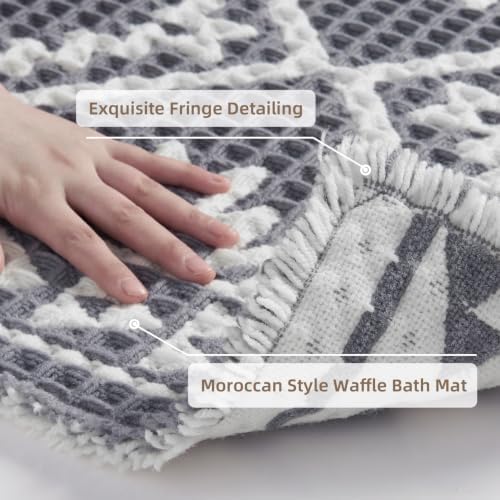 PADOOR Bath Mat-Super Absorbent Bath Mats for Bathroom, Machine Washable Non Slip Bathroom Rug with Tassels, Soft Bathroom Mat for Laundry Room, Bedroom, Grey & Cream 17"x28"