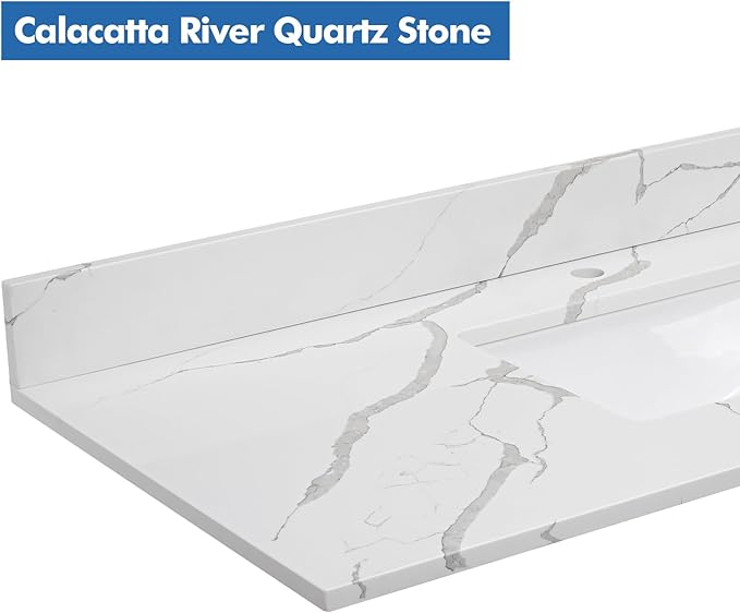 30 in.W x 22 in.D Quartz Calacatta River Vanity Top,with Undermount Middle Sink Vanity Top,with One Sidesplash & One Backsplash,Single Faucet Hole Spread Bathroom Vanity Sink Countertop