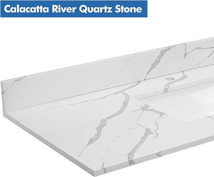 30 in.W x 22 in.D Quartz Calacatta River Vanity Top,with Undermount Middle Sink Vanity Top,with One Sidesplash & One Backsplash,Single Faucet Hole Spread Bathroom Vanity Sink Countertop