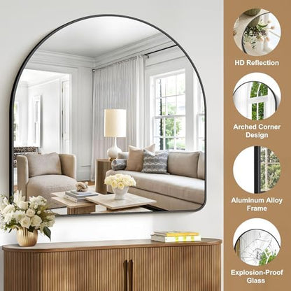 Arched Bathroom Mirror, 45"x45" Black Arched Mirror for Bathroom, Wall Mounted Mirror, Black Vanity Wall Mirror Metal Frame for Bedroom, Entryway, Living Room, Hanging or Leaning Against Wall