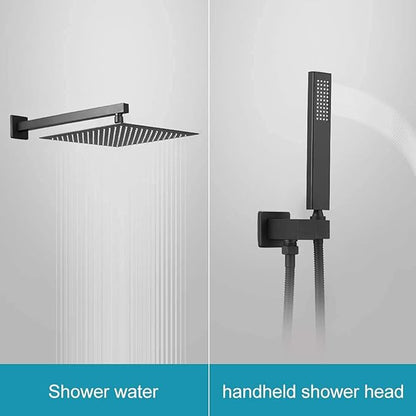 BWE Black Shower Faucet 16 Inch Square Luxury Rain Mixer Shower System Sets Complete 2-Functions Pressure Balancing Wall Mount Rainfall Rough-in Valve Body and Trim Included