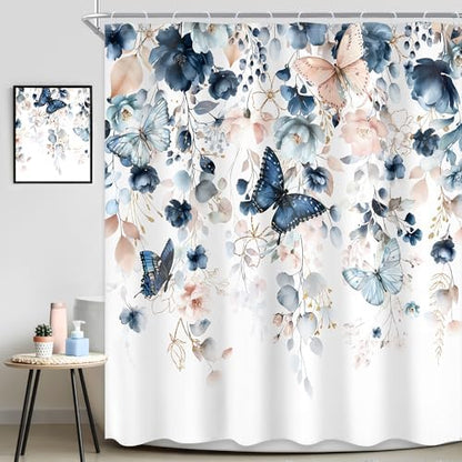 Blue Pink Floral Butterfly Spring Summer Bathroom Shower Curtain Set