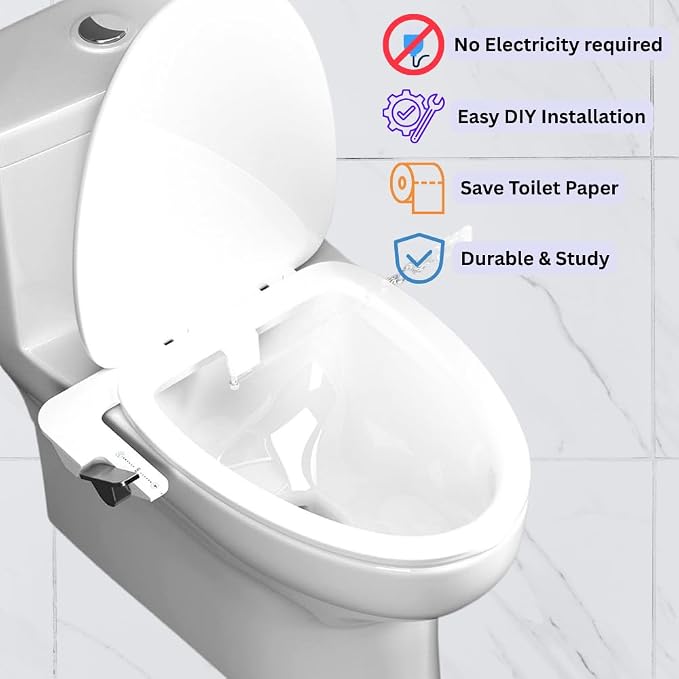 Ultra-Thin Bidet Attachment for Toilet with Non-Electric Self-Cleaning Water Pressure Adjustable Dual Nozzles for Rear & Front Wash, Easy Installation – Fits Most Toilets