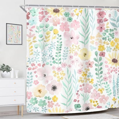 Sage Green Floral Cute Boho Watercolor Plants Bathroom Shower Curtain Set | 72"W x 72"H Girly Spring; waterproof HD print, quick-dry fabric with 12 hooks for easy hanging.