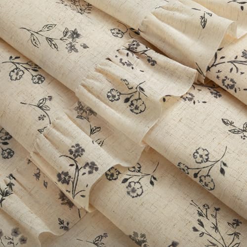 Black Floral Farmhouse French Country Ruffle Linen Shower Curtain 72Wx72H