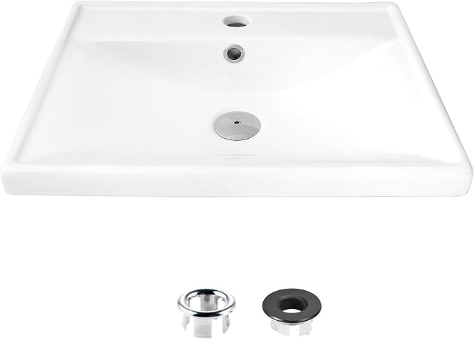 Stylish Drop in Bathroom Sink 20 1/4 x 16 Inch Porcelain Rectangular Bathroom Sinks Shiny Finish Smooth and Stain Resistant Surface with Chrome and Matte Black Overflow, P-210H