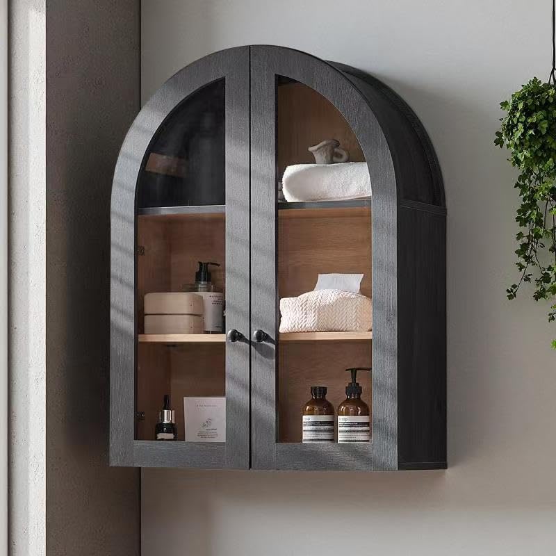 Bathroom Arched Wall Cabinet, 23.5'' Wide Medicine Cabinet, Wall Mount with Glass Doors & Adjustable Shelves, Over the Toilet Storage Cabinet for Laundry Room, Bedroom, Kitchen, Grey Black