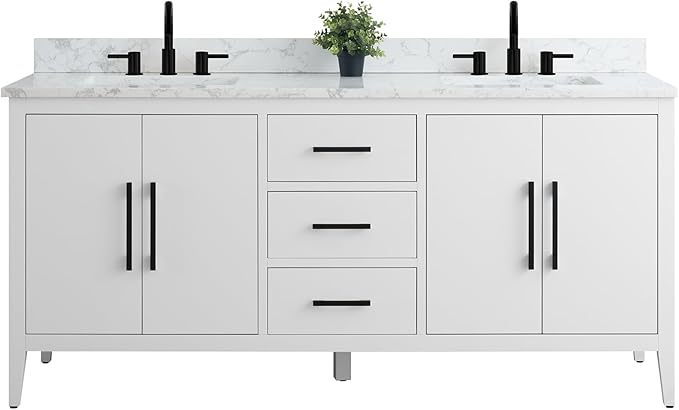 Vanity Art 72 inch Bathroom Vanity with Double Sink & Ceramic Top, Vanity Cabinet with Soft-Closing Doors, Drawers, Solid Wood Frame, White, Matte Black Handware