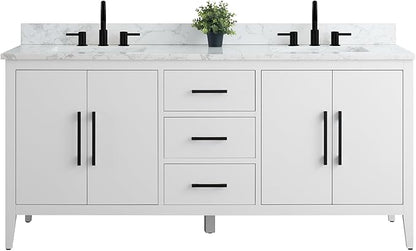 Vanity Art 72 inch Bathroom Vanity with Double Sink & Ceramic Top, Vanity Cabinet with Soft-Closing Doors, Drawers, Solid Wood Frame, White, Matte Black Handware