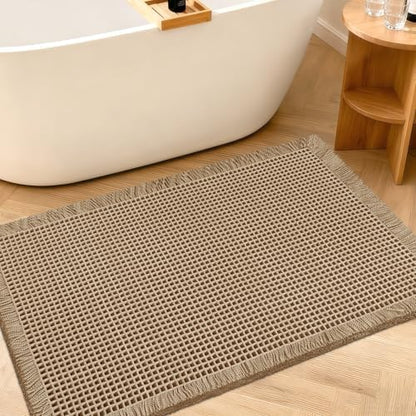 ACCUMTEK Upgraded Waffle Bath Mat, 32"x20" Beige, Super Absorbent Non-Slip Quick Dry Bathroom Rugs with Tassels, Machine Washable Ultra Soft Boho Bath Rugs for Floor, Toilet Mats Boho Farmhouse Decor