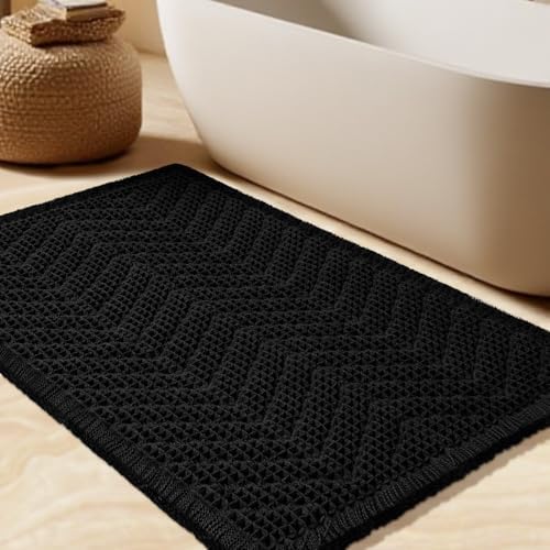 Upgrade Waffle Bath Mat, Boho Bathroom Rugs Absorbent Non Slip, Ultra Soft Bathroom Mat, Machine Washable Knit Bath Rugs with Herringbones for Bathroom,Bedroom, Kitchen, Shower, Tub,36"x24", Black