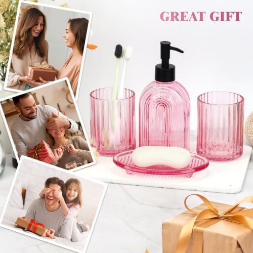 Bathroom Accessories Set, 4Pcs Glass Bathroom Accessories Set Complete, 11.6OZ Lotion Soap Dispenser, Toothbrush Holder, Mouthwash Cup, Soap Dish for Bathroom Decor, Countertop Organizer (Pink)