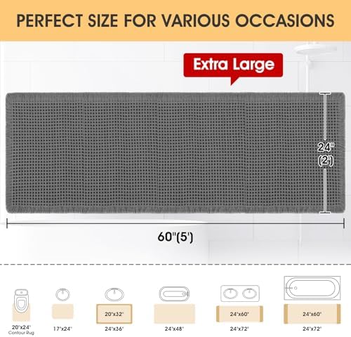 IM HOME Waffle Bath Mat Grey 5'x2', Boho Woven Modern Bath Mat Rugs, Absorbent Non Slip Bathroom Rugs, Soft Washable Bath Rugs with Tassels for Bathroom, Bedroom, Kitchen, Shower, Tub