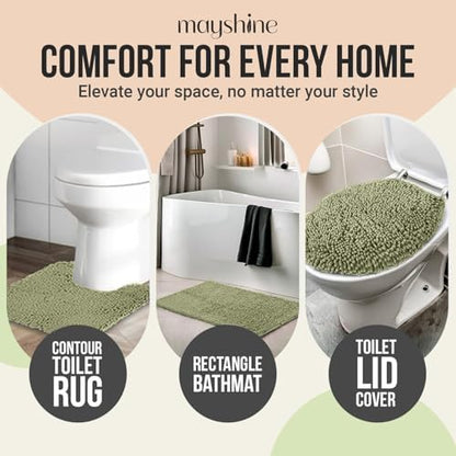 Standard 3pc Set Chenille Bath Mats, Includes 21"x24" U-Shaped Contour Toilet Rug, 21"x34" Inches Bathmat and 1 Toilet Lid Cover, Plush Absorbent Bath Mats Quick Dry, Sage Green
