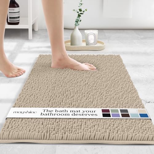 MAYSHINE Large Plush Shaggy Chenille Bath Mat 39"x24"| Extra Soft, Super Absorbent, Non-Slip Bathroom Rug | Fluffy Microfiber, Area Rug Sets for Bathroom Floor, Kitchen, Living Room | Beige