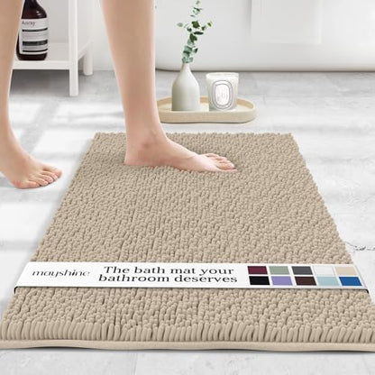 MAYSHINE Large Plush Shaggy Chenille Bath Mat 39"x24"| Extra Soft, Super Absorbent, Non-Slip Bathroom Rug | Fluffy Microfiber, Area Rug Sets for Bathroom Floor, Kitchen, Living Room | Beige