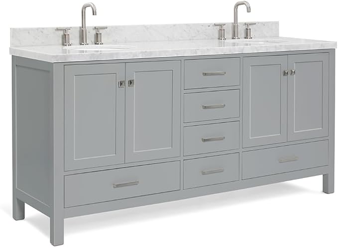 ARIEL Cambridge 72-inch Bathroom Vanity with Sink,Solid Wood, 1.5-inch Italian Carrara Marble Countertop & Backsplash, Double Oval Porcelain Sink, 4 Soft Closing Doors, 6 Dovetail Drawers, Grey