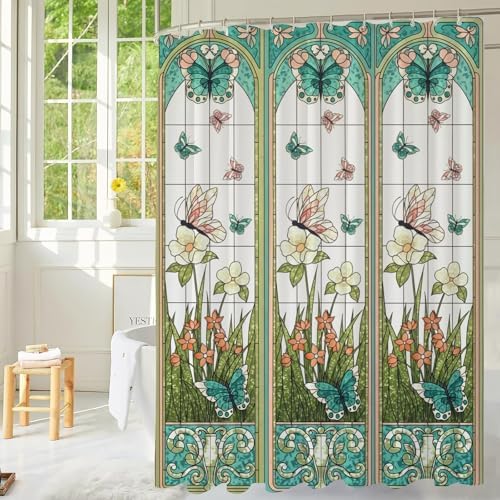 Stained Glass Vintage Floral Butterfly Shower Curtain 72x72 Inches