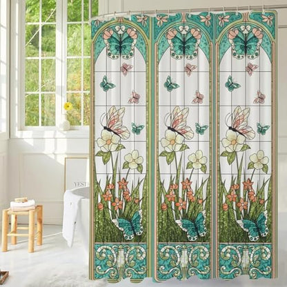 Stained Glass Vintage Floral Butterfly Shower Curtain 72x72 Inches
