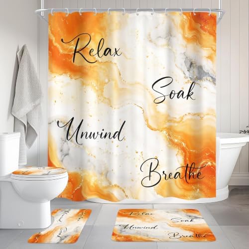 Burnt Orange Abstract Marble 4Pcs Bathroom Shower Curtain Set with Rugs