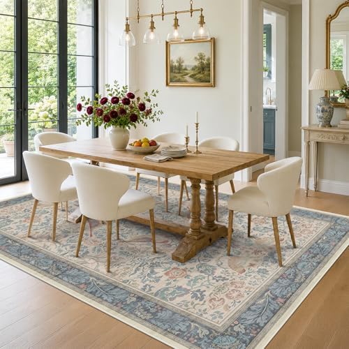Vintage Elegant 6x9 Rug for Living Room - Washable Dining Room Rugs for Under Table, Low Pile Non-Slip Carpet for Bedroom - Intricate Plant Pattern & Boho Eclectic Red Blue Home Decor