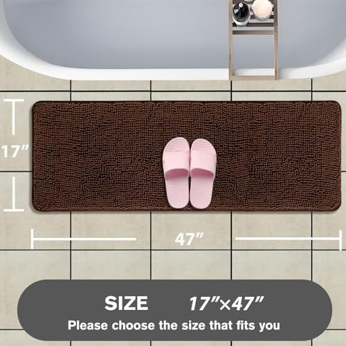 Bathroom Runner Rug 47 x 17 Inch – Long Bath Mat | Absorbent and Washable Thick Chenille Bath Rug Non-Slip Runner Rug for Bathroom, Shower, Sink(Brown)