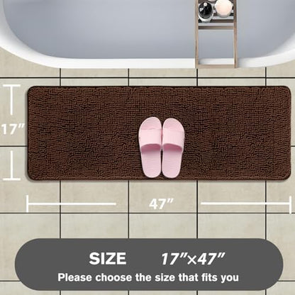 Bathroom Runner Rug 47 x 17 Inch – Long Bath Mat | Absorbent and Washable Thick Chenille Bath Rug Non-Slip Runner Rug for Bathroom, Shower, Sink(Brown)