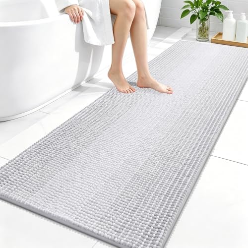OLANLY Bathroom Runner Rugs 59x24, Chenille Striped Bath Rugs, Light Grey