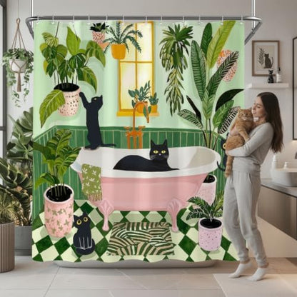 Funny Cat Shower Curtain for Bathroom Green 72x72 Inch
