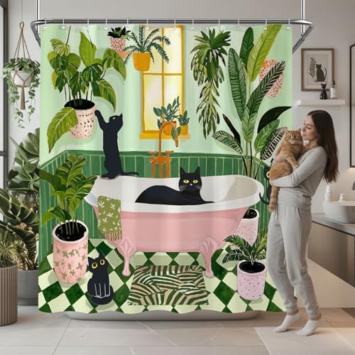 Fowocu Funny Cat Shower Curtain for Bathroom Green 72x78 Inch
