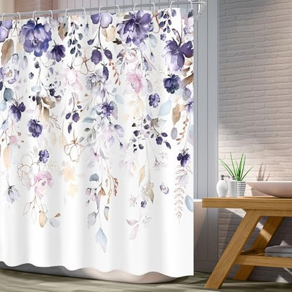 Floral Purple Pink Leaf Rustic Girly Bathroom Shower Curtain Set