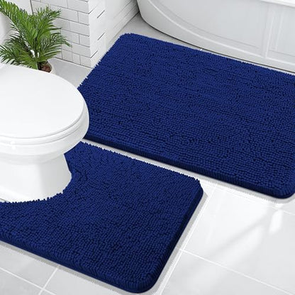 OLANLY Chenille Bathroom Rugs Mats Sets 2 Piece, 36"x24"+24"x20", Navy