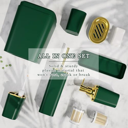 XLHOMO Bathroom Accessories Set - Luxury Green Bathroom Set, 9 Pieces Bathroom Accessory Set, Dark Green Bathroom Accessories with Trash Can, Toilet Brush & Soap Dispenser