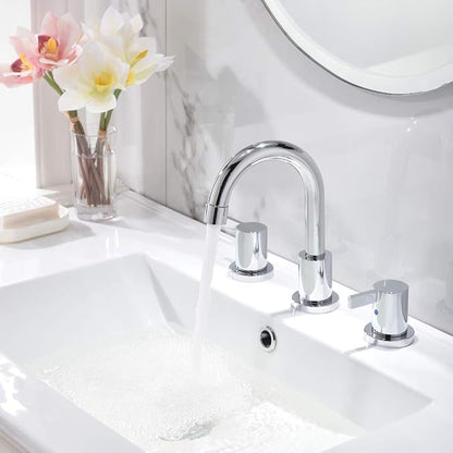 Phiestina Widespread Bathroom Sink Faucet, 3 Hole 8 Inch Chrome Finish, Modern Vanity Faucet with Metal Pop Up Drain, WF015-1-C