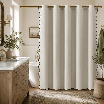 Furlinic Farmhouse Shower Curtain Boho Fabric Long Scalloped Beige 55x78